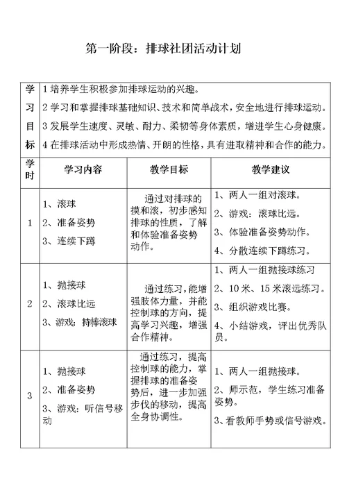 排球社团活动课计划及教案（16课）