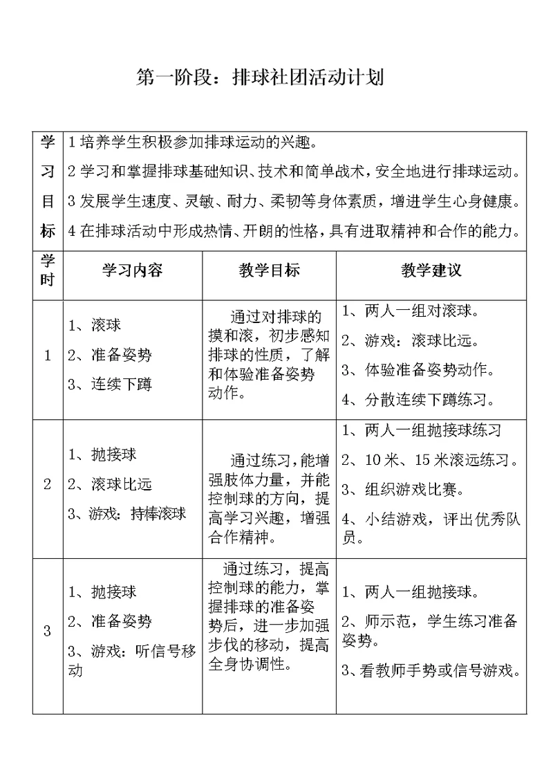 排球社团活动课计划及教案（16课）