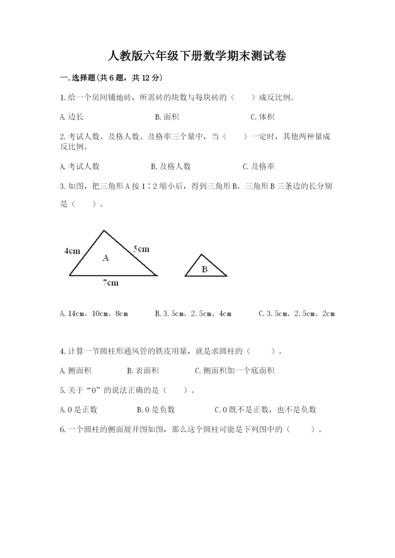 人教版六年级下册数学期末测试卷（中心小学）.docx