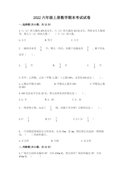 2022六年级上册数学期末考试试卷可打印.docx