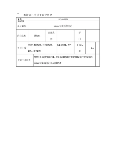 某中型制造业企业总经理工作说明书及KPI指标汇编