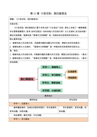 部编1A 第4单元 第11课 口语交际《我们做朋友》教学设计