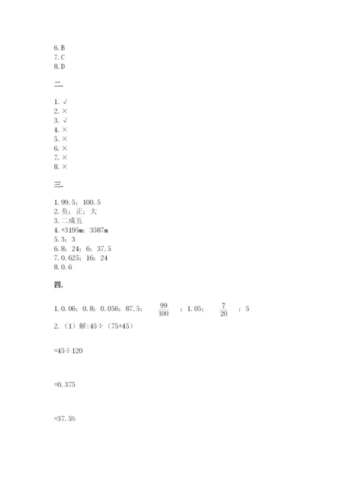 小学六年级数学摸底考试题附答案（夺分金卷）.docx