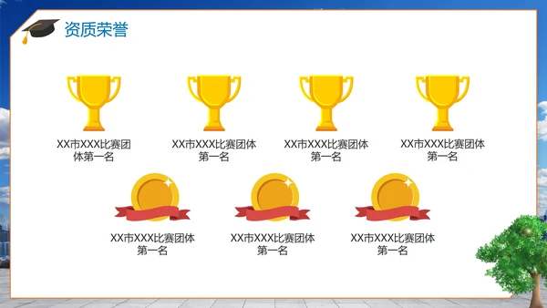 蓝色简约实景城市学校评优汇报PPT模板