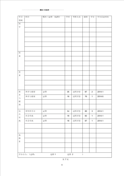 高中学生学籍档案填写样表