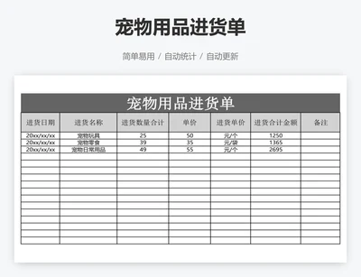 宠物用品进货单