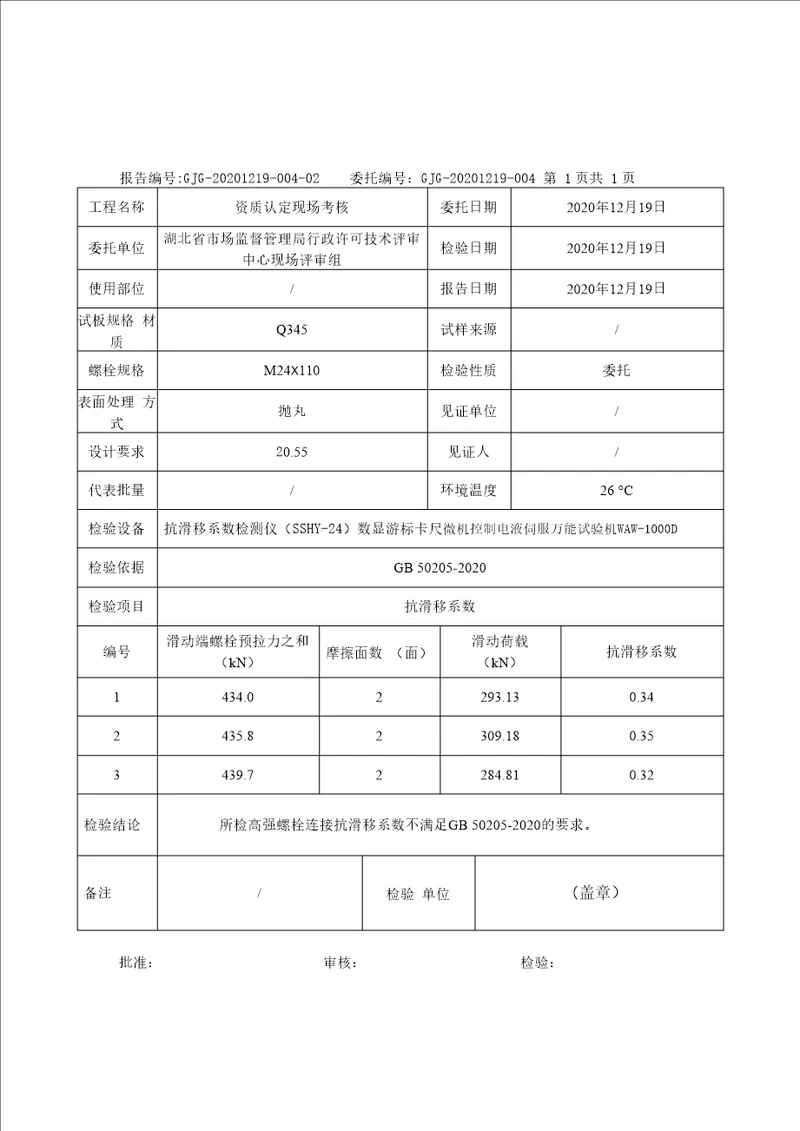 高强螺栓连接抗滑移检验报告及记录