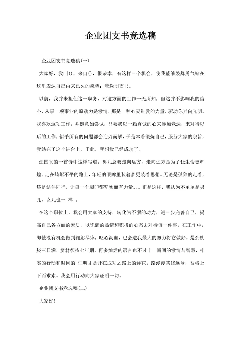 企业团支书竞选稿