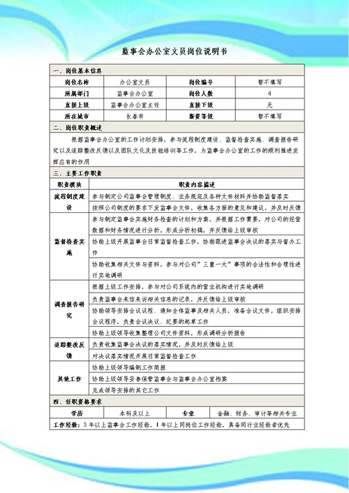 监事会办公室岗位职责