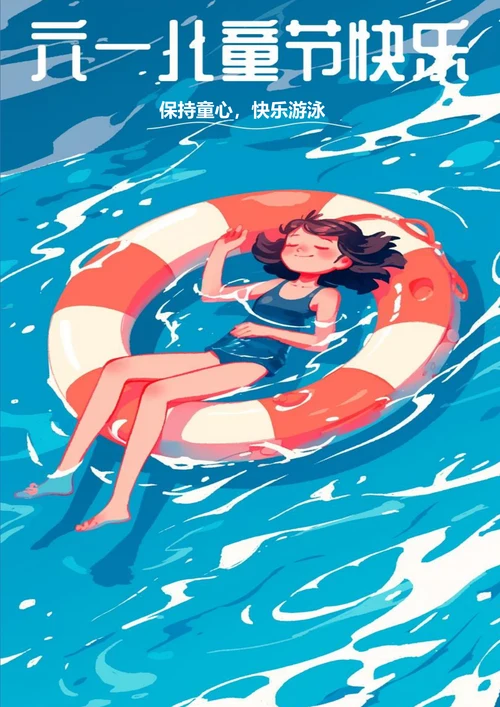 卡通快乐游泳六一节日海报