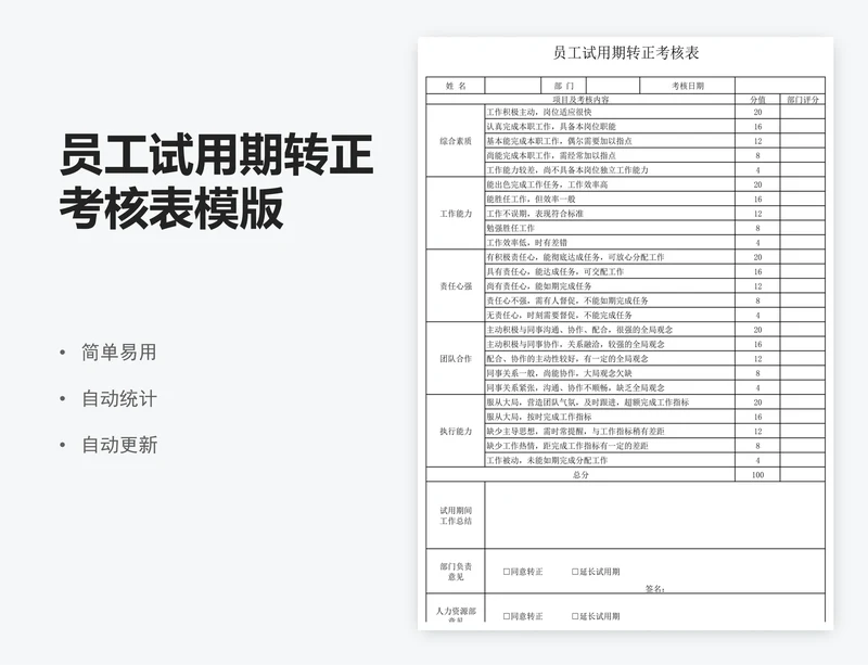 员工试用期转正考核表模版