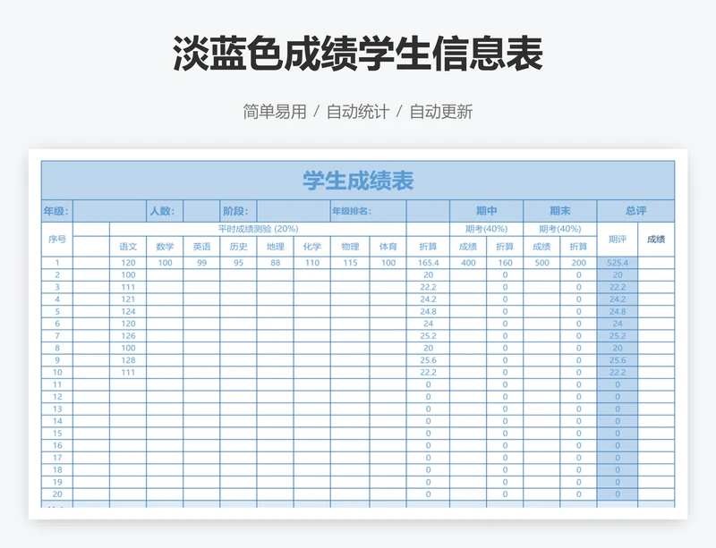 淡蓝色成绩学生信息表