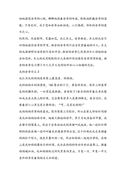 我的母亲作文初三记叙文600字五篇