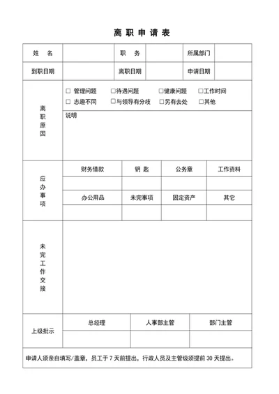 公司员工离职申请表模板员工离职表word