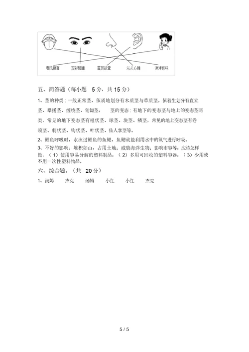 二年级科学上册期末试卷附答案