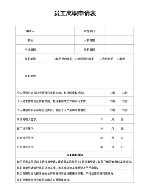 通用员工离职申请表