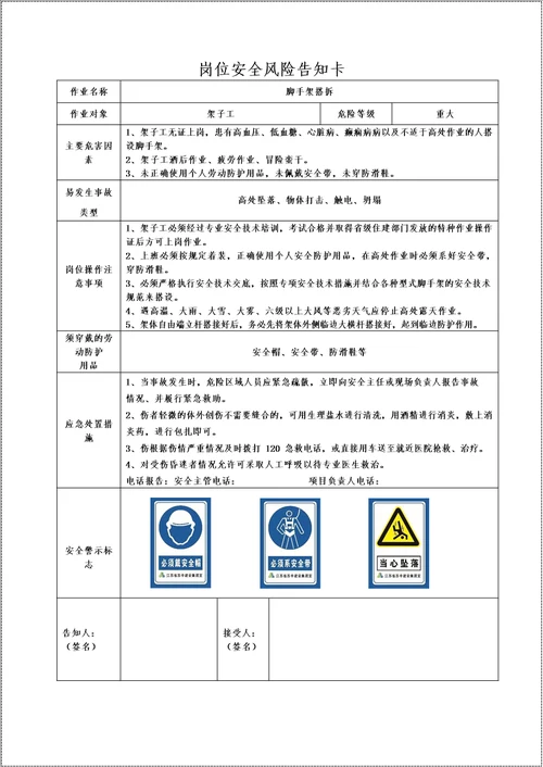 建筑施工项目部主要岗位安全风险告知书参考模板范本