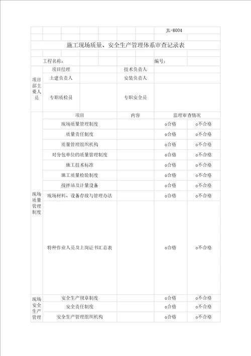 施工现场质量安全生产管理体系审查记录表