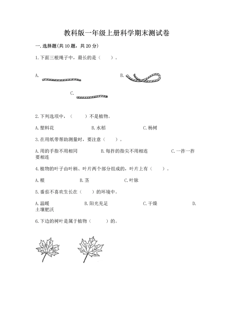 教科版一年级上册科学期末测试卷含答案【巩固】.docx