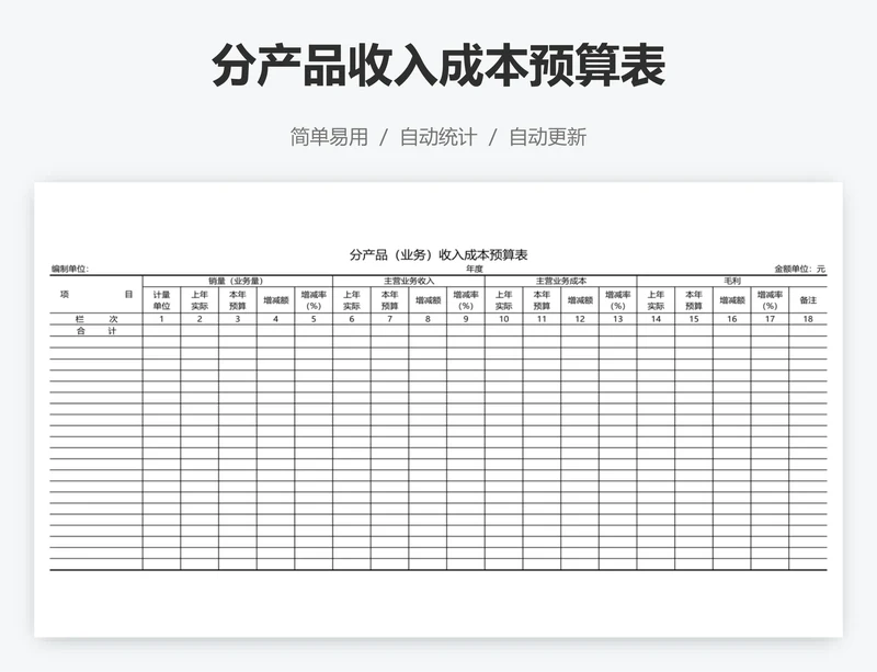 分产品收入成本预算表