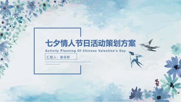 水彩花卉蓝色PPT模板