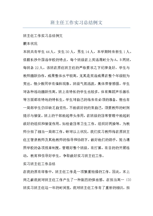 班主任工作实习总结例文