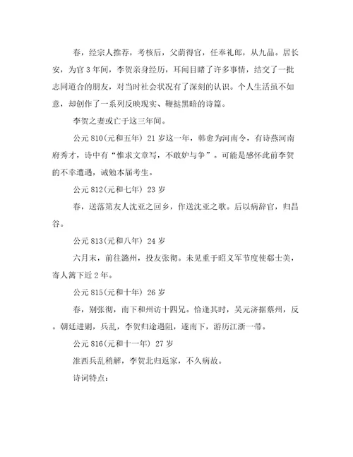 唐代诗人李贺的古诗大全