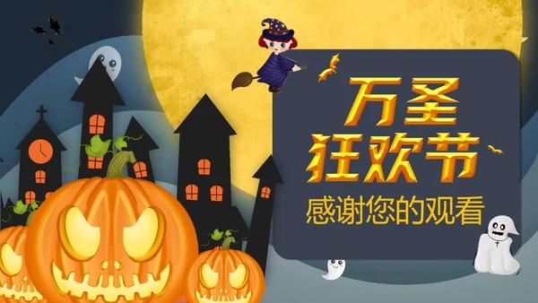 黄色卡通风万圣节狂欢节日营销策划方案PPT模板