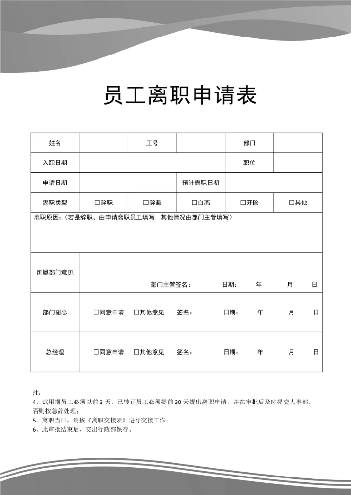 实用个人离职申请书