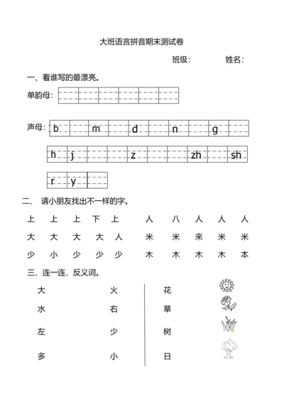 幼儿园大班语言拼音期末测试卷.docx