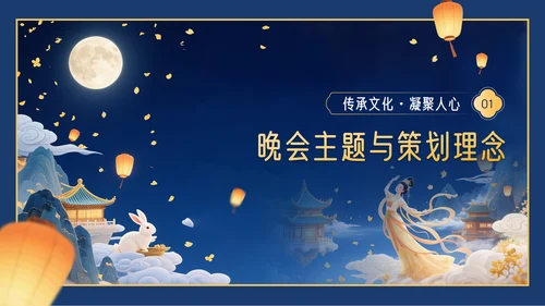 深蓝色3D立体风中秋节企业中秋晚会PPT模板