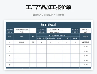 工厂产品加工报价单