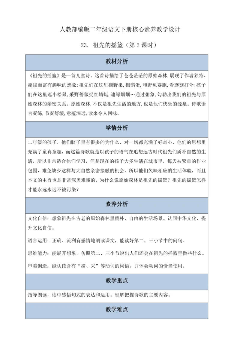 【核心素养】部编版语文二年级下册-23. 祖先的摇篮 第2课时（教案含反思）