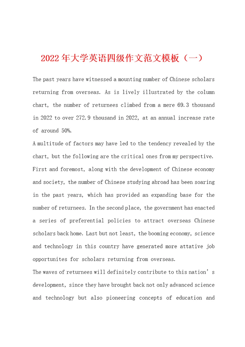 2022年大学英语四级作文范文模板一