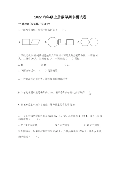 2022六年级上册数学期末测试卷及完整答案（网校专用）.docx