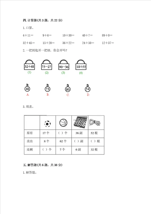 小学二年级数学知识点《100以内的加法和减法》必刷题（综合题）