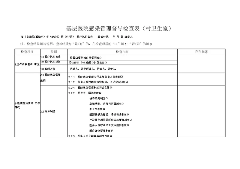 村卫生室感染管理督导检查表