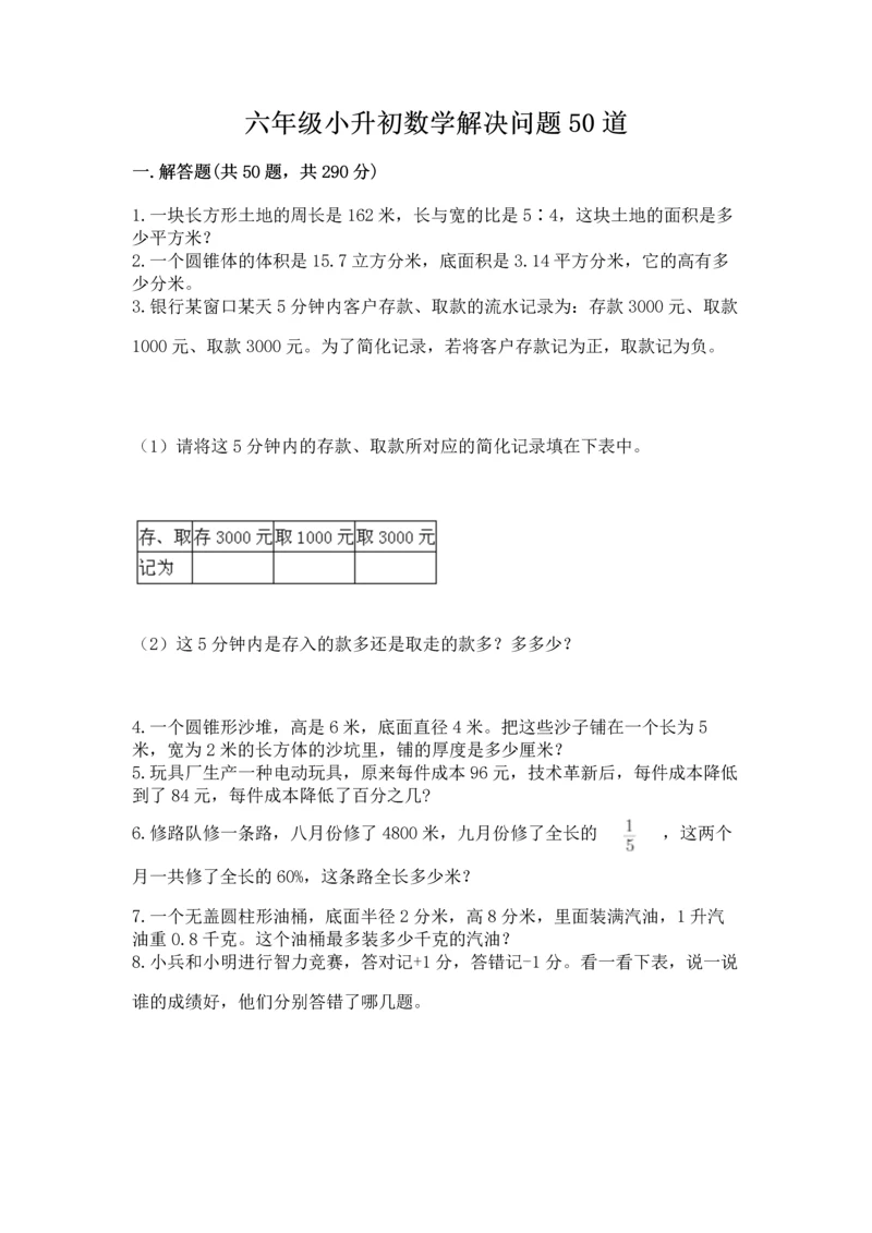 六年级小升初数学解决问题50道（突破训练）.docx