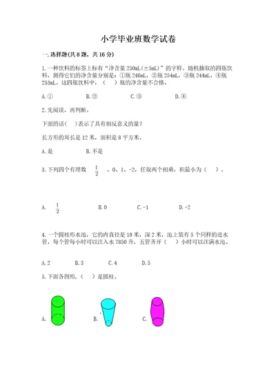 小学毕业班数学试卷附完整答案（有一套）