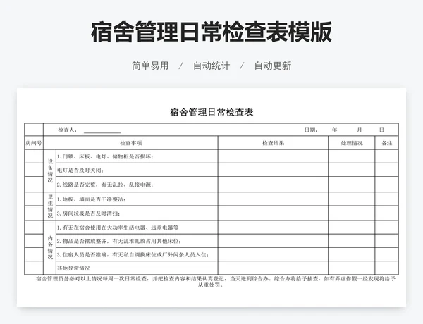 宿舍管理日常检查表模版