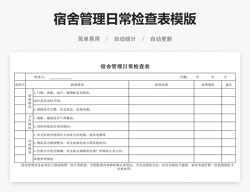 宿舍管理日常检查表模版