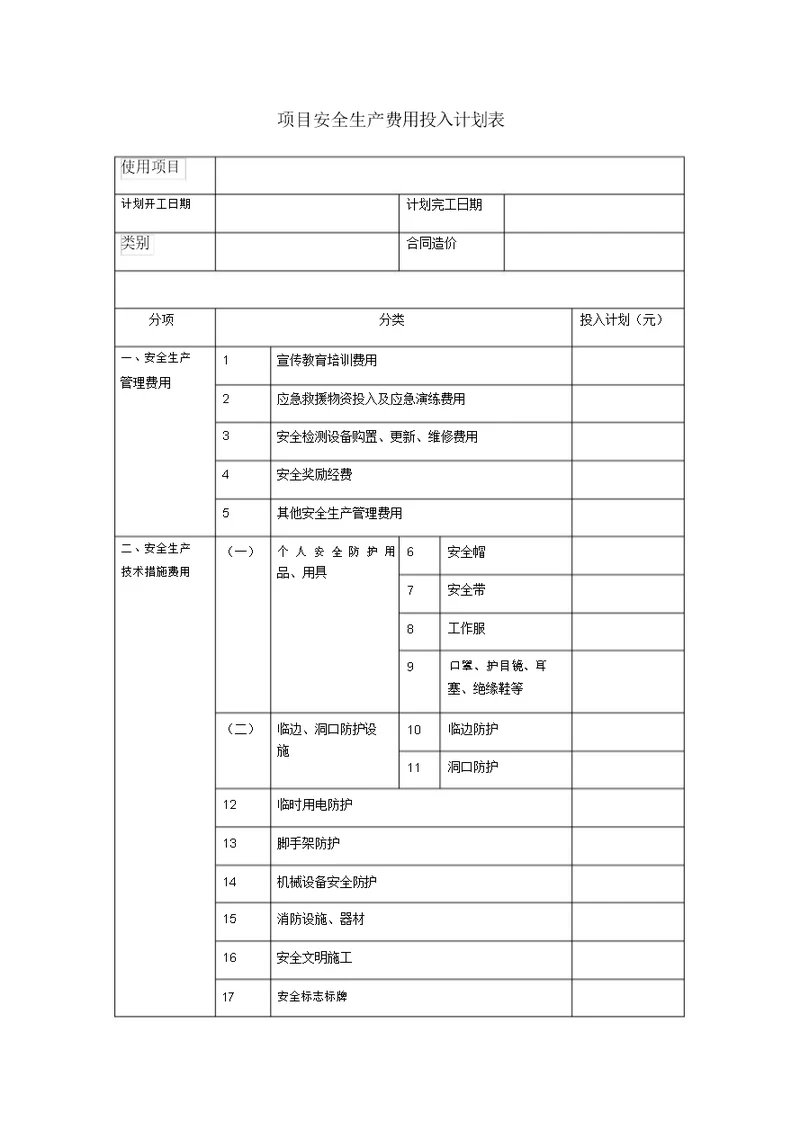 项目安全生产费用投入计划规划方案及台账