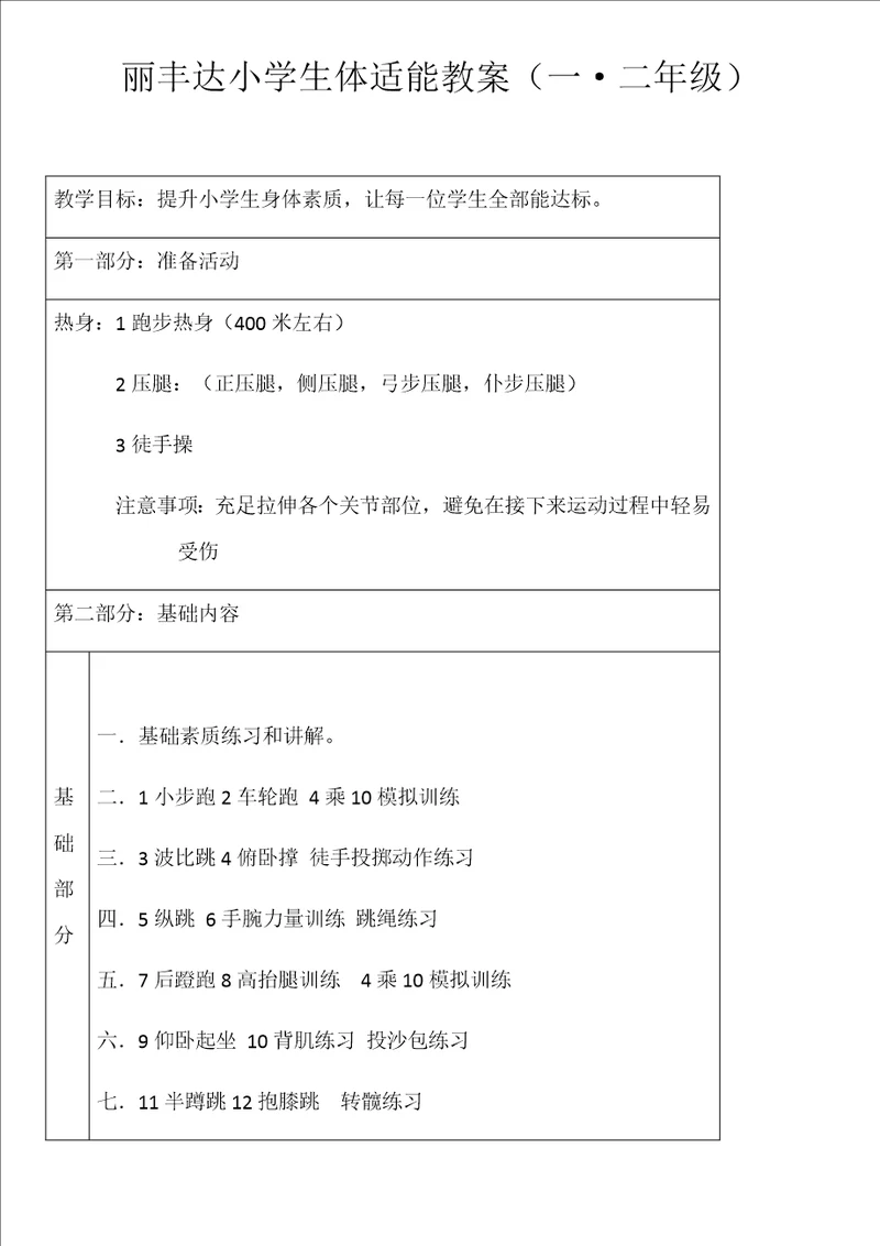 1.2年级丽丰达小学生体适能教案样稿