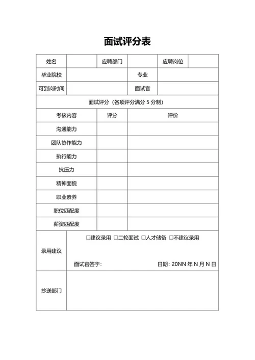 面试评分表word模板
