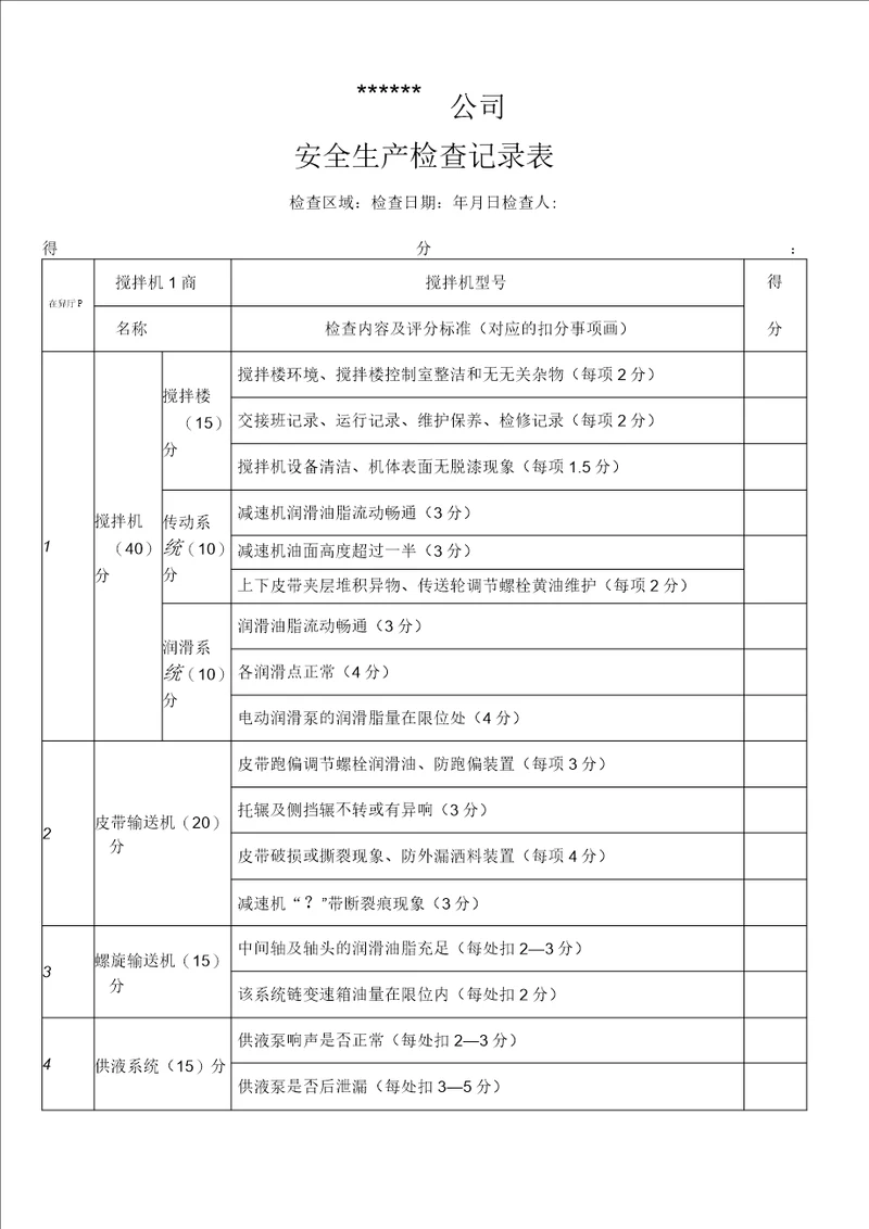 混凝土搅拌站安全生产检查记录表