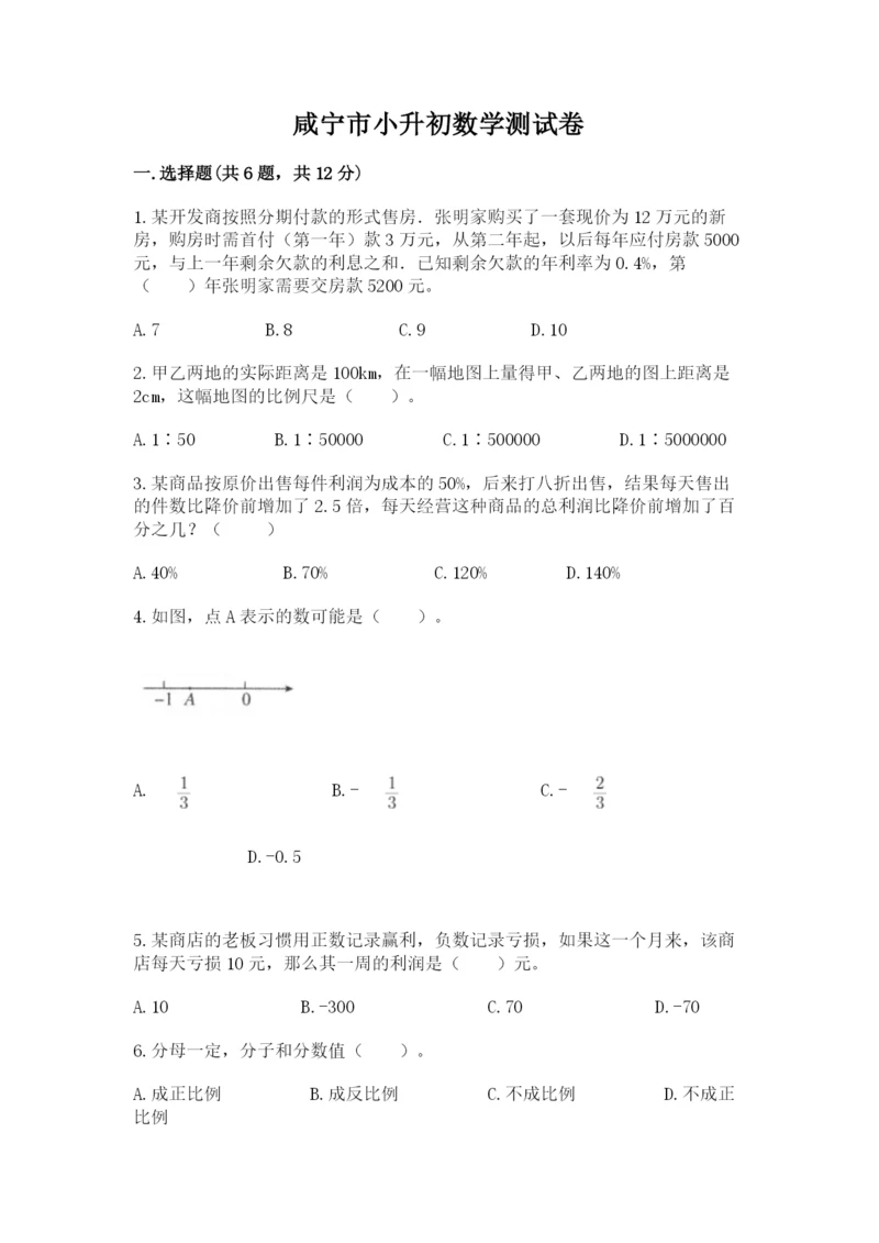 咸宁市小升初数学测试卷新版.docx