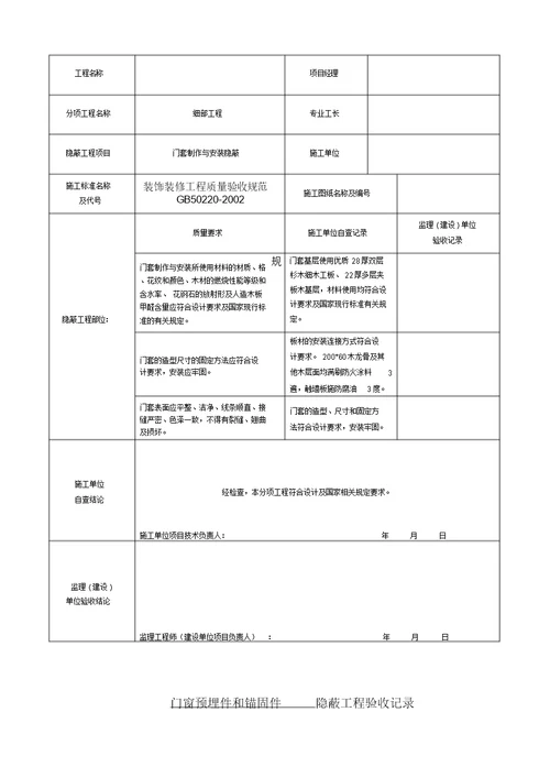 装饰装修隐蔽工程验收记录表(全套范例)