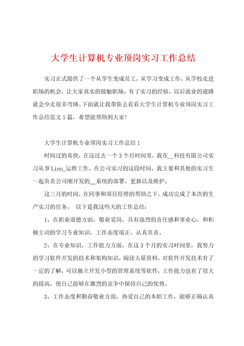 大学生计算机专业顶岗实习工作总结