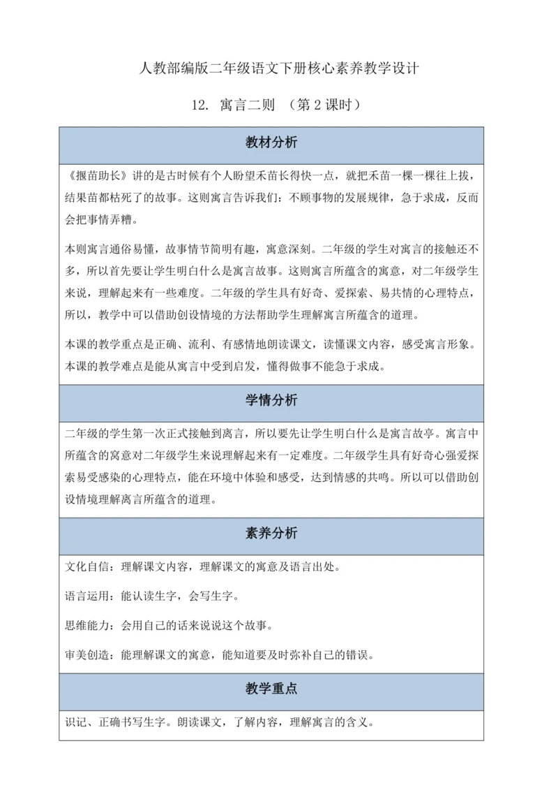 【核心素养】部编版语文二年级下册-12. 寓言二则 第2课时（教案含反思）
