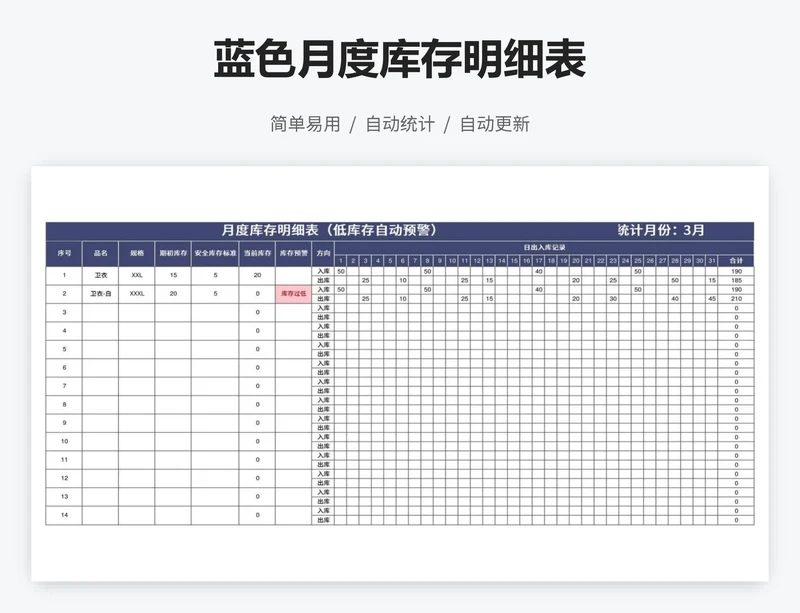 蓝色月度库存明细表